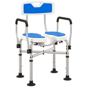 HOMCOM Scaun de Duș cu Spătar, Brațe, Șezut Canelatat, Bare de Ranforsare și Înălțime Reglabilă, 53x41, 5x78, 5-91, 5 cm, Albastru | Aosom Romania imagine