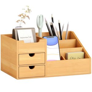 HOMCOM Organizator Birou cu 2 Sertare și 7 Compartimente din Bambus 33x20.5x15.5 cm | Aosom Romania imagine