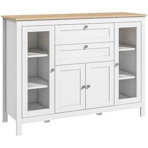 HOMCOM Comodă de Bucătărie, Mobilier de Bucătărie cu 2 Sertare, 3 Dulapuri, Blat de Lucru din Caucciuc, Bufet cu Uși din Sticlă, Rafturi Ajustabile, pentru Sufragerie, 120x40x90cm, Alb | Aosom Romania imagine