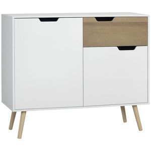 HOMCOM Bufet Mobilier de depozitare pe picior de tip scandinav cu dulapuri pentru Baie, sufragerie, Bucătărie, Picioare din lemn masiv de pin - Alb - dim. 98L x 39l x 81.5H cm | Aosom Romania imagine