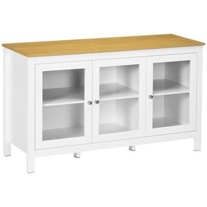 HOMCOM Bufet mobilier de depozitare cu 3 uși din sticlă 2 rafturi reglabile aspect de lemn deschis 120 x 40 x 70 cm alb | Aosom Romania imagine
