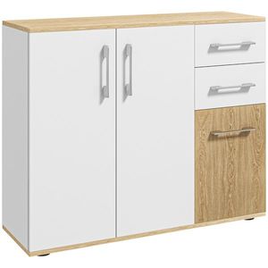 HOMCOM Bufet de Bucătarie cu 2 Sertare 2 Dulapuri și Rafturi Ajustabile pentru Sufragerie 90x30x75, 5 cm Alb și Natural | Aosom Romania imagine