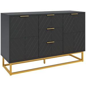 HOMCOM Bufet design contemporan grafic 2 dulapuri usa rafturi reglabile 3 sertare glisante din lemn negru metal aur | Aosom Romania imagine