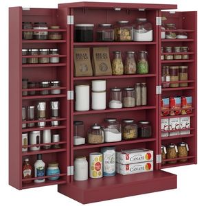 HOMCOM Dulap mobilier de bucătărie despensier 2 uși cu 5 rafturi și 12 recipiente pentru mirodenii - 60 x 30 x 104 cm - roșu | Aosom Romania imagine