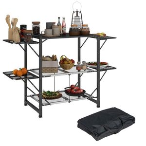 Outsunny Masă de bucătărie de camping pliantă, oţel și aluminiu, sac de transport, 2 rafturi, 2 rafturi și suporturi pentru pahare | Aosom Romania imagine