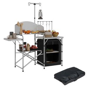 Outsunny Mobilier de Bucătărie pentru camping cu depozitare, masă de exterior pliantă portabilă din aluminiu cu sac de transport | Aosom Romania imagine