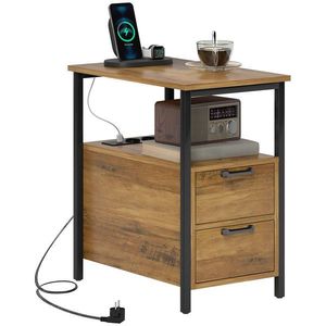 HOMCOM Masa auxiliară masa de noapte cu 2 prize port USB 1 priză tip C cablu de 143 cm sertare și raft lemn natural | Aosom Romania imagine