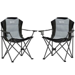 Outsunny Lot de 2 scaune pliante camping rembursate cu spătar înalt cu suport pentru pahar, greutate 120 kg, gri închis | Aosom Romania imagine