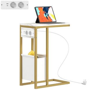 HOMCOM Masă auxiliară în formă de C cu stație de încărcare, buzunar de depozitare din material textil cu aspect marmură, 46 x 25 x 62, 5 cm, alb | Aosom Romania imagine