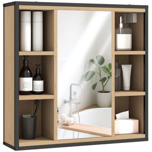 HOMCOM Dulap de perete baie cu oglindă, 52 x 24, 5 cm cu 6 compartimente deschise și raft reglabil, stejar | Aosom Romania imagine