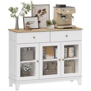 HOMCOM Bufet salon cu 2 dulapuri cu uși din sticlă temperată canelată, 2 sertare și rafturi reglabile, 100 x 35 x 80, 3 cm, alb | Aosom Romania imagine