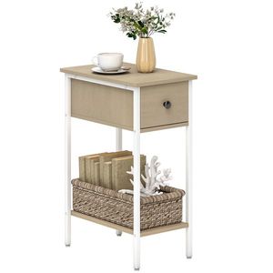 HOMCOM Masă Auxiliară Îngustă cu Sertar Raft Deschis și Structură Metalică pentru Sufragerie Dormitor 25x39, 8x58, 2 cm Lemn Natural | Aosom Romania imagine