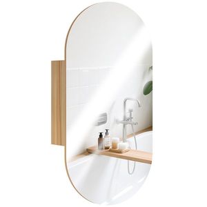 HOMCOM Dulap cu oglindă pentru baie, montare pe perete, oval, 45 x 90 cm, modern, fără rame, lemn natural | Aosom Romania imagine