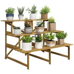 Suport de plante Outsunny cu 3 etaje, pliabil, înalt de 78 cm, stand de flori pentru interior și exterior, raft de plante din lemn, suport de flori cu tăvi, scări de flori pentru sufragerie, balcon grădină, lemn natural | Aosom Romania imagine