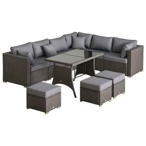 Outsunny Set de Mobilier de Gradina cu 10 Piese in Ratan, cu Perne pentru Scaun si Spatar, Cadru Metalic Anticoroziv, Gri Inchis | Aosom Romania imagine