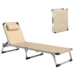 Outsunny Șezlong de plajă, chaise longue pliante cu suport pentru cap, spătar reglabil, aluminiu și textilene, bej | Aosom Romania imagine