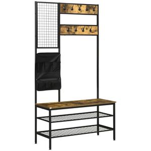 HOMCOM Garderobă în Design Industrial, 1 Tablă Mesaje, 1 Scaun, 8 Cârlige, 1 Geantă de Depozitare, Negru + Maro | Aosom Romania imagine