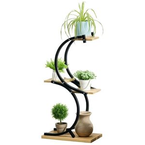 Outsunny Suport de plante cu 4 rafturi, lemn masiv, rezistent la intemperii, 46 cm x 25 cm x 91 cm, Negru + Natural | Aosom Romania imagine