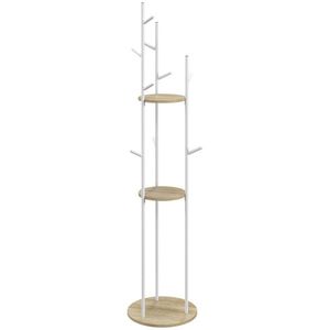 HOMCOM Suport de haine cu 9 agatatori si 2 rafturi rotunde Ø 40 x 167 cm natural si alb | Aosom Romania imagine