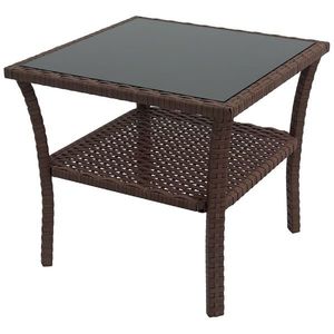 Outsunny Masă auxiliară din rășină împletită cu 2 nivele 50x50x45cm, masă de cafea pentru grădină pătrată cu blat de sticlă securizat, maro | Aosom Romania imagine