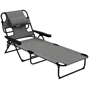 Outsunny Șezlong de grădină pliabil cu spătar reglabil în 4 poziții, orificiu pentru citit și pernă suport cap 72L x 194l x 31H cm Gri | Aosom Romania imagine