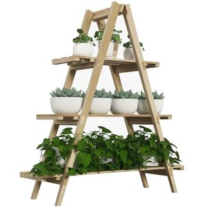Outsunny Suport pentru Plante Pliabil din Lemn Raft pentru Ghivece cu 3 Nivele cu Cadru în A 100x36x112 cm Natural | Aosom Romania imagine