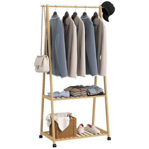 HOMCOM Suport pentru Haine din Bambus cu Roți 2 Rafturi Deschise și 2 Găuri 84, 5x43, 5x158 cm Natural | Aosom Romania imagine