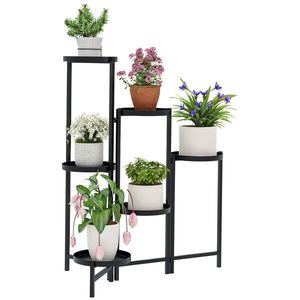 Outsunny Suport pentru plante 6 nivele etajeră plante ajustabil și pliabil din metal design fără șuruburi negru 60 x 40 x 80 cm | Aosom Romania imagine