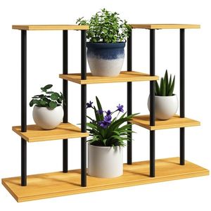 Outsunny Suport plante interior etajeră plantă cu 6 nivele cadru din oțel bază lemn masiv 80 x 24 x 61, 5 cm lemn natural | Aosom Romania imagine