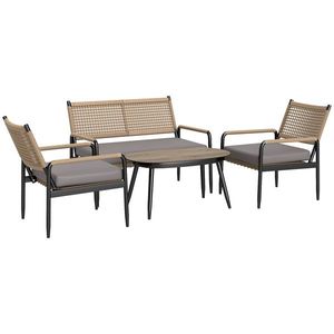 Outsunny Set de mobilier de grădină din rătan Set de lounge cu canapea dublă, fotoliu, masă cu geam, perne pentru 4 persoane, Gri închis+Galben | Aosom Romania imagine