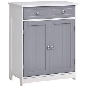 kleankin Mobilier de baie pe picior, dulap de baie 2 uși 2 sertare 60 x 30 x 75 cm gri și alb | Aosom Romania imagine