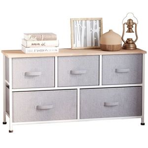 HOMCOM Comodă mobilier de depozitare 100 x 30 x 54 cm 5 sertare netesut gri structură oțel alb lemn deschis | Aosom Romania imagine