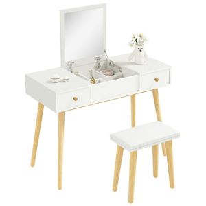HOMCOM Set coafatoare cu taburet mirror rabatabil stil scandinav 2 sertare 100 x 45 x 118 cm, alb | Aosom Romania imagine
