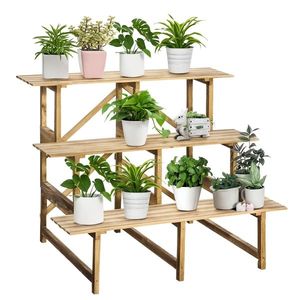 Outsunny Stand de plante cu 3 etaje, suport pliabil de flori de 78 cm înălțime pentru interior și exterior, raft de plante din lemn, suport pentru ghivece cu tăvi, scară de flori pentru sufragerie, grădină balcon, lemn natural | Aosom Romania imagine