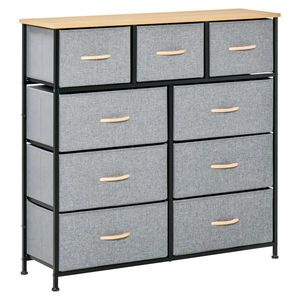 HOMCOM Comodă 9 sertare mobilier de depozitare sertar din material textil pliabil - structură oțel negru - 100 x 30 x 100 cm, stejar și gri | Aosom Romania imagine