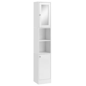 Dulap inalt pentru baie cu oglinda, coloana de baie din lemn cu 2 rafturi deschise, 2 usi si polite interioare ajustabile 30x28x180 cm Alb | Aosom Romania imagine
