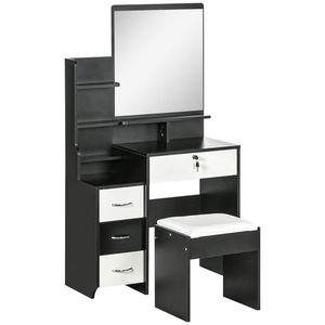 HOMCOM Set de coafare masă de machiaj cu taburet căptușit oglindă mare + mai multe rafturi deschise + 4 sertare alb negru | Aosom Romania imagine