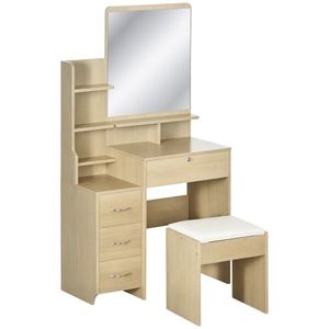 HOMCOM Set de coafare masa de machiaj cu taburet tapitat mare oglinda + rafturi deschise multiple + 4 sertare lemn natural | Aosom Romania imagine