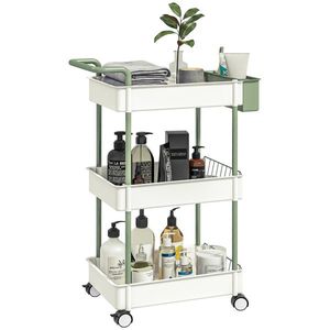 HOMCOM Rollwagen, 3 Nivele, Coș Suspendat, Mâner de Deplasare, 4 Role, Cadru Metalic, Alb, 50 x 29, 4 x 77cm | Aosom Romania imagine
