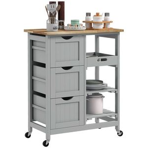 HOMCOM Carucior Auxiliar cu Roti Carucior de Bucatarie cu 3 Sertare 2 Rafturi Deschise si Tava Detasabila 67x37x85, 5 cm Gri | Aosom Romania imagine