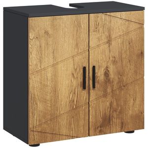 kleankin Mobilier sub vas lavabo mobilier de baie 2 usi cu raft 60 x 30 x 60 cm antracit si aspect lemn | Aosom Romania imagine
