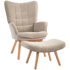 HOMCOM Fotoliu cu Accent și Taburet, Fotoliu de Relaxare în Cord, Fotoliu cu Brațe din Lemn, pentru Sufragerie, Kaki | Aosom Romania imagine