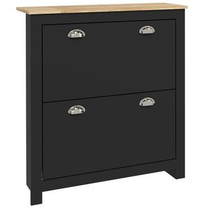 HOMCOM Dulap pantofi 2 uși rabatabile 2 compartimente mânere cochilie metal 79 x 23 x 90, 5 cm negru stejar | Aosom Romania imagine