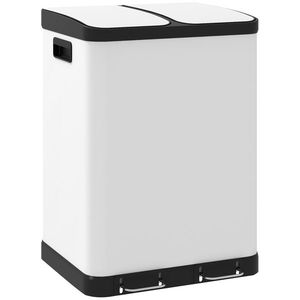 HOMCOM Coș de gunoi de bucătărie 2 x 30L cu pedala din oțel inoxidabil, 2 compartimente, capac cu închidere moale, 60L, alb | Aosom Romania imagine