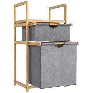 HOMCOM Coș de rufe din bambus coș de rufe murdare cu 2 saci din material textil culisante și raft cu lamele, natural | Aosom Romania imagine