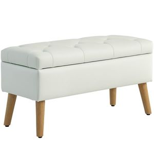 HOMCOM Banc de rangement coffre de rangement tissu effet velours pieds en bois charge max. 120 kg 80 x 35 x 40 cm, crem | Aosom Romania imagine