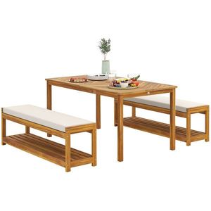 Outsunny Set de mobilier de grădină 3 buc., Set de scaune cu 1 masă cu orificiu pentru umbrelă, 2 bănci 150 x 85 x 75 cm Teak | Aosom Romania imagine