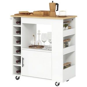 HOMCOM Cărucior de Bucătărie, Cărucior de Bucătărie cu Role, Căruț de Bucătărie cu Compartiment, Suporturi pentru Vin, Cabină și Blat de Lucru, Alb | Aosom Romania imagine