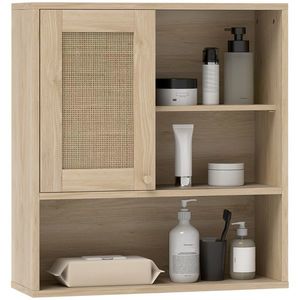 HOMCOM Armoire murale, mobilier suspensie baie cu ușă glisantă din răchită și rafturi deschise, lemn natural | Aosom Romania imagine