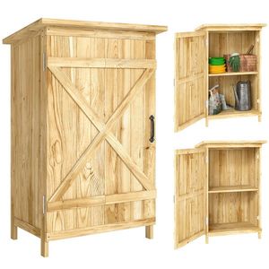 Outsunny Depozit de Grădină din Lemn 63, 5x40x90 cm Dulap pentru Depozitarea Uneltelor cu 2 Rafturi și Ușă Natural | Aosom Romania imagine